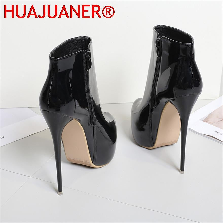 Big Size 35-47 Patent Leather Women Boots Round Toe Side Zipper Super High Heels 16CM Pumps 2025 Sexy Platform Party Shoes Woman