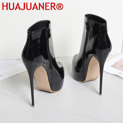 Big Size 35-47 Patent Leather Women Boots Round Toe Side Zipper Super High Heels 16CM Pumps 2025 Sexy Platform Party Shoes Woman