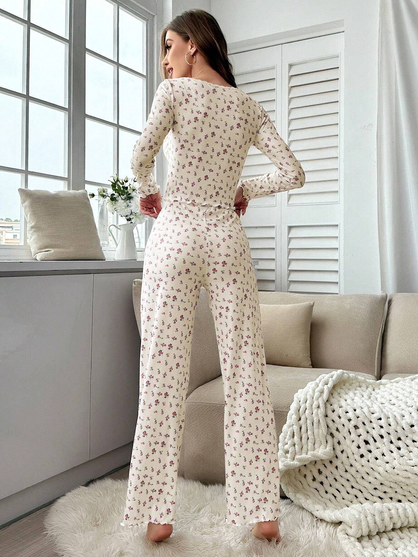 Autumn Winter Pajamas Set Women Sleepwear Floral Print Lettuce Trim Top with Long Pant Lovely Loungewear Full Sleeve Nightwear