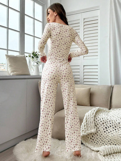 Autumn Winter Pajamas Set Women Sleepwear Floral Print Lettuce Trim Top with Long Pant Lovely Loungewear Full Sleeve Nightwear