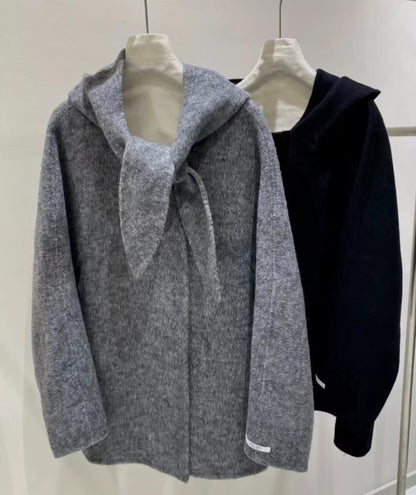 Korean Sle Woolen Coat Women's Chic Temperament Sweet Bow Tie Collar Hooded Warm Woolen Coat Long Sve Mid-Length