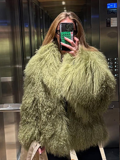 Fashion Solid Plush Faux Fur Coat Women Elegant Warm Long Sleeves Loose Jacket 2025 Lady Winter Chic High Street Outerwear ?