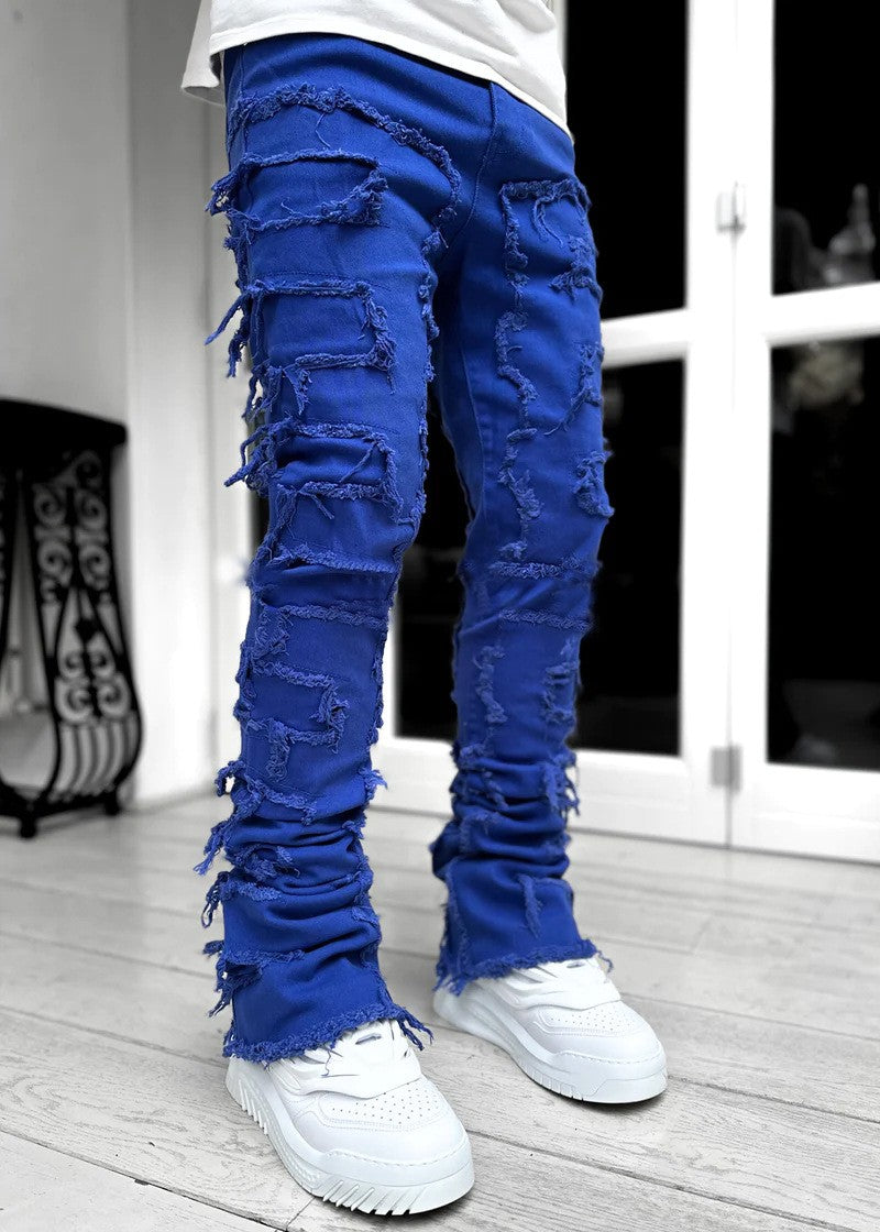 Calça Jeans Masculina Regular Fit Stacked Rasgada Slim Fit Remendada Destruída Reta Jeans Hip Hop Streetwear