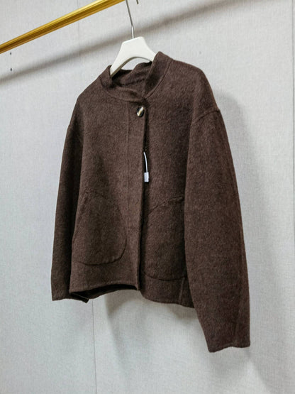 2025 Autumn Winter Fashion Women 3 Colors Single Breasted Stand Collar Coat Lady Double Sided Woolen Jacket