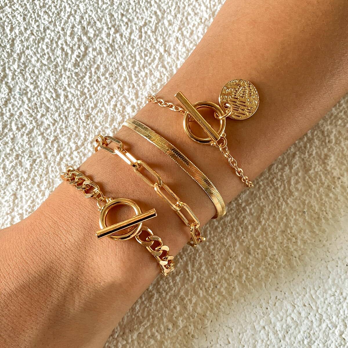 Pulseira Punk Cubana com Pingente de Moeda para Mulheres na Mão Vintage com Fivela OT Corrente Cobra Charme Pulseiras Presente para Casais