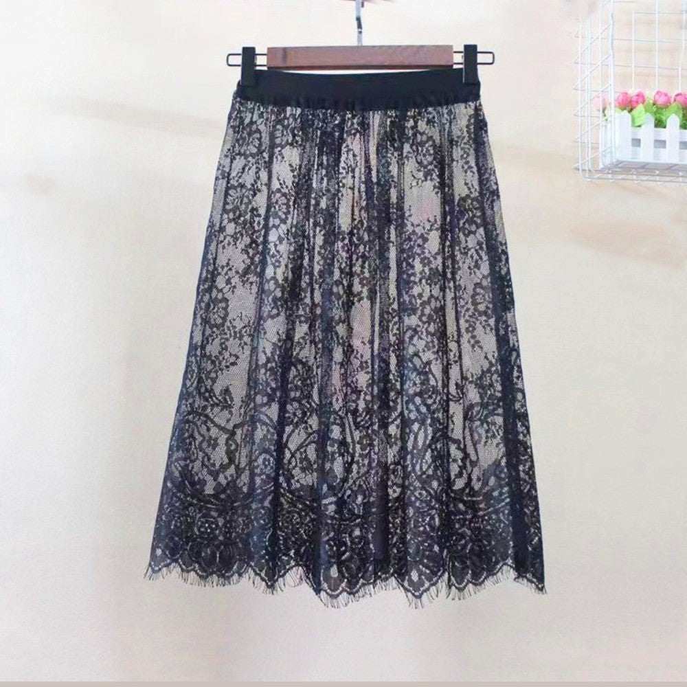 Fashion Transparent Sexy Lace Mesh Skirt Elegant 2 Length Midi Skirt Elastic High Waist Ladies Womens Skirt Ladies