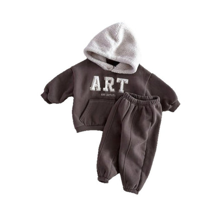 2025 Winter New Children Warm Clothes Set Boys Girls Fleece Hoodie + Pants 2pcs Suit Baby Letter Tracksuit Kids Sports Outfits