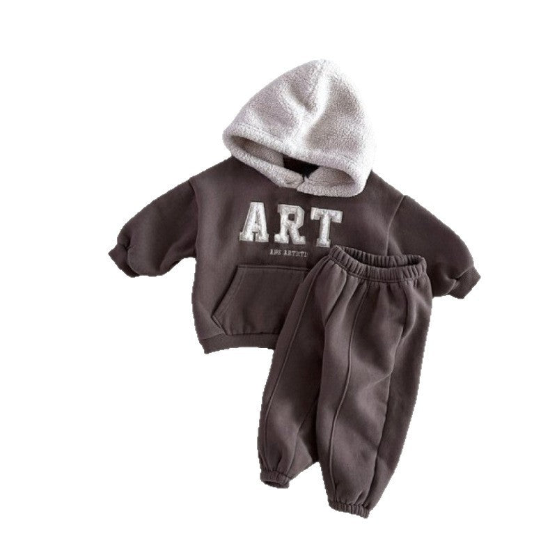 2025 Winter New Children Warm Clothes Set Boys Girls Fleece Hoodie + Pants 2pcs Suit Baby Letter Tracksuit Kids Sports Outfits