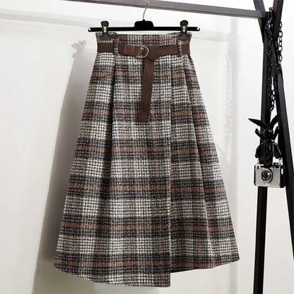WoolenPlaid Irregular Large-Length Skirt New Spring-Autumn Vintage High-Waisted Slimming Medium-Length Women's Skirt