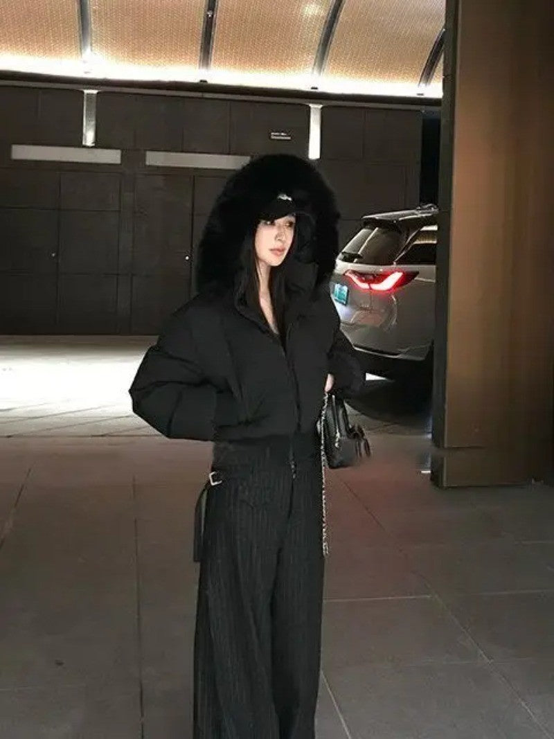 Fashion Street Simple Fur Collar White Zipper Hooded Short Jacket Women 2025 Winter Plus Velvet Thickened Warm Casual Jacket