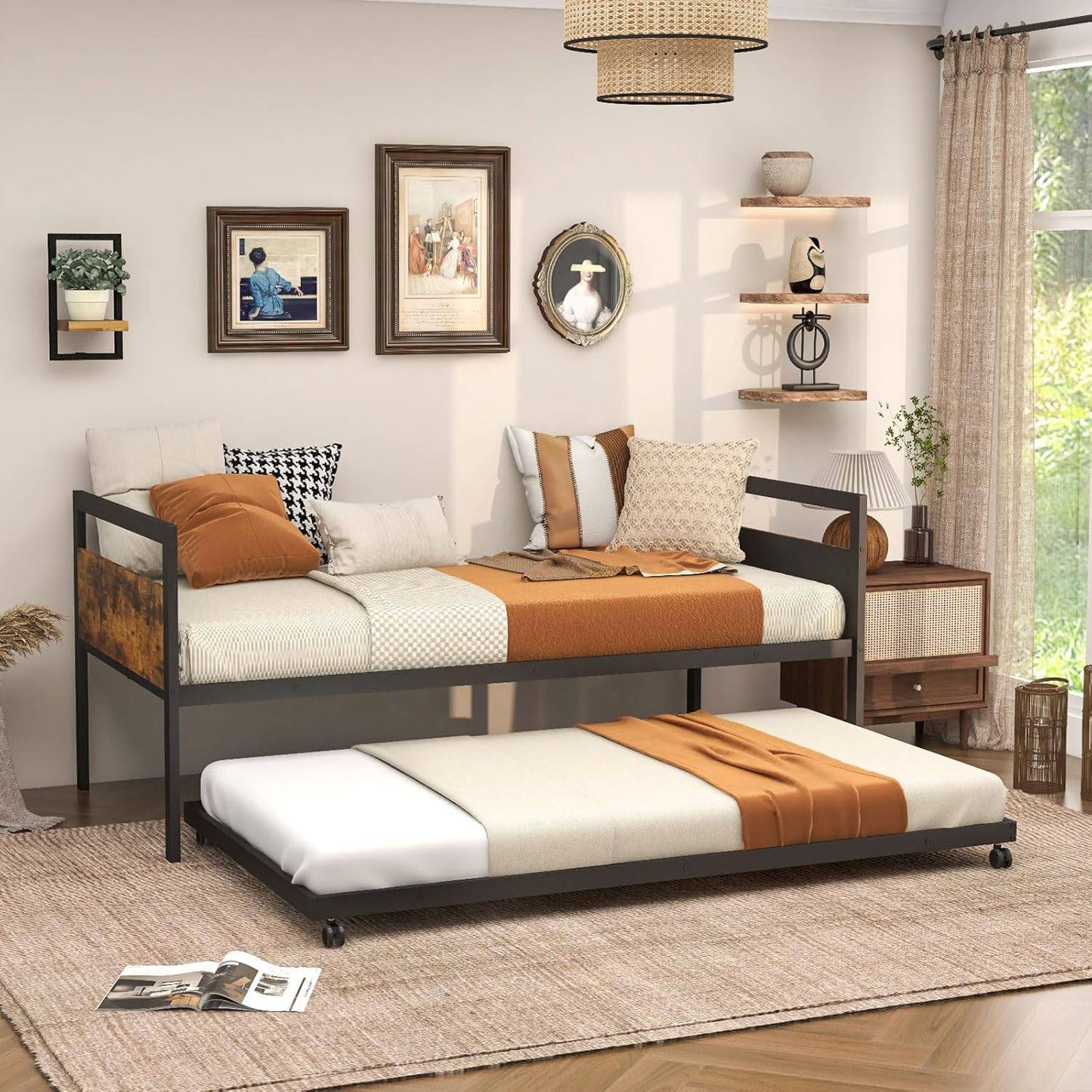 Daybed de Metal com Cama Auxiliar, Cama Auxiliar de Solteiro com Suporte de Metal e Cabeceira de Madeira Rústica, Cama de Dia Economizadora de Espaço