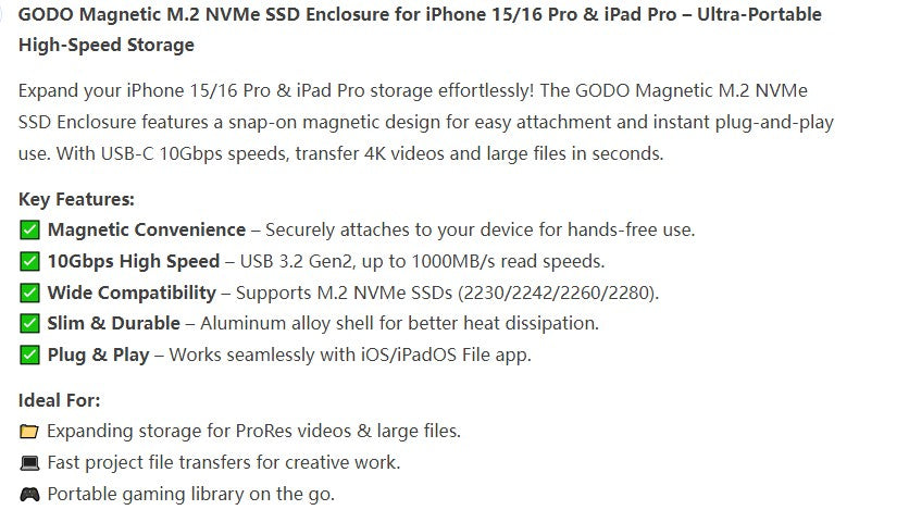 GODO Magnetic M.2 2230 NVMe Magsafe SSD Enclosure for iPhone 15/16 Pro & iPad Pro ProRes, External Portable USB-C SSD Case