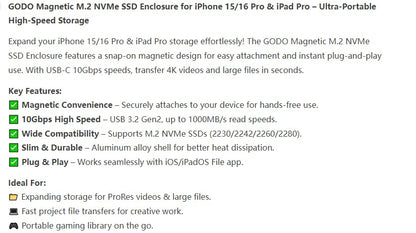 GODO Magnetic M.2 2230 NVMe Magsafe SSD Enclosure for iPhone 15/16 Pro & iPad Pro ProRes, External Portable USB-C SSD Case