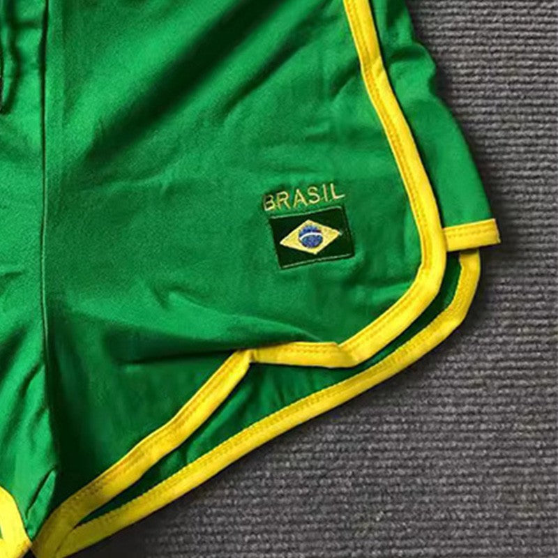 Summer Y2K Women's Fashion Green Beach Shorts with Brazil Pattern Embroidery Drawstring Elastic Waist for Casual Wear