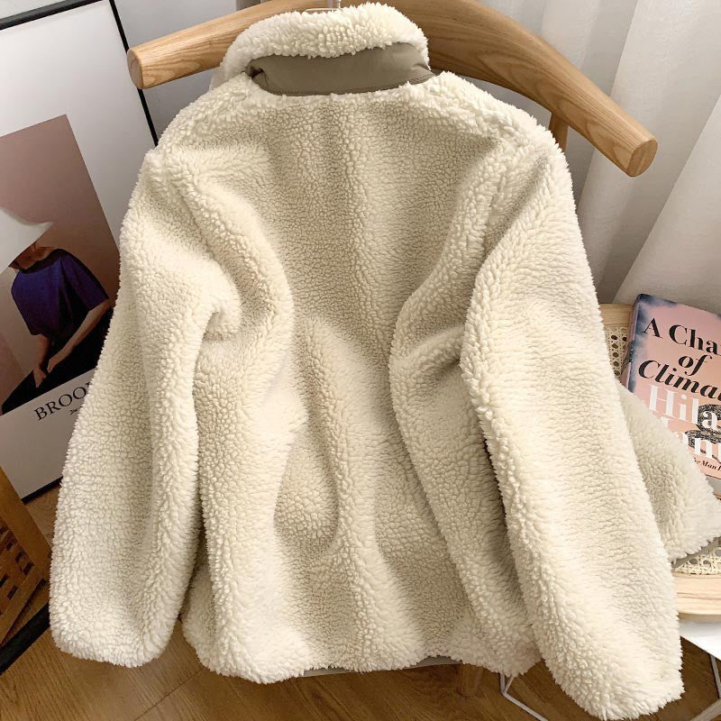 Autumn and Winter Japanese Men's and Women's Fleece Stand Neck Jacket Couple Zipper Loose Warm Lamb Wool Coat Solid Color Jacket