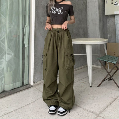 Casual Joggers Cargo Pants Women Solid Low Waist Pants Drawstring Wide Leg Baggy Trousers Y2k Streetwear Oversize Sweatpants