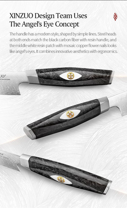 XINZUO 8.46-inch Damascus Carving Knife 145-layer M390 steel 60-62HRC carbon fiber handle 6.0-8.0N sharpness rust-resistant