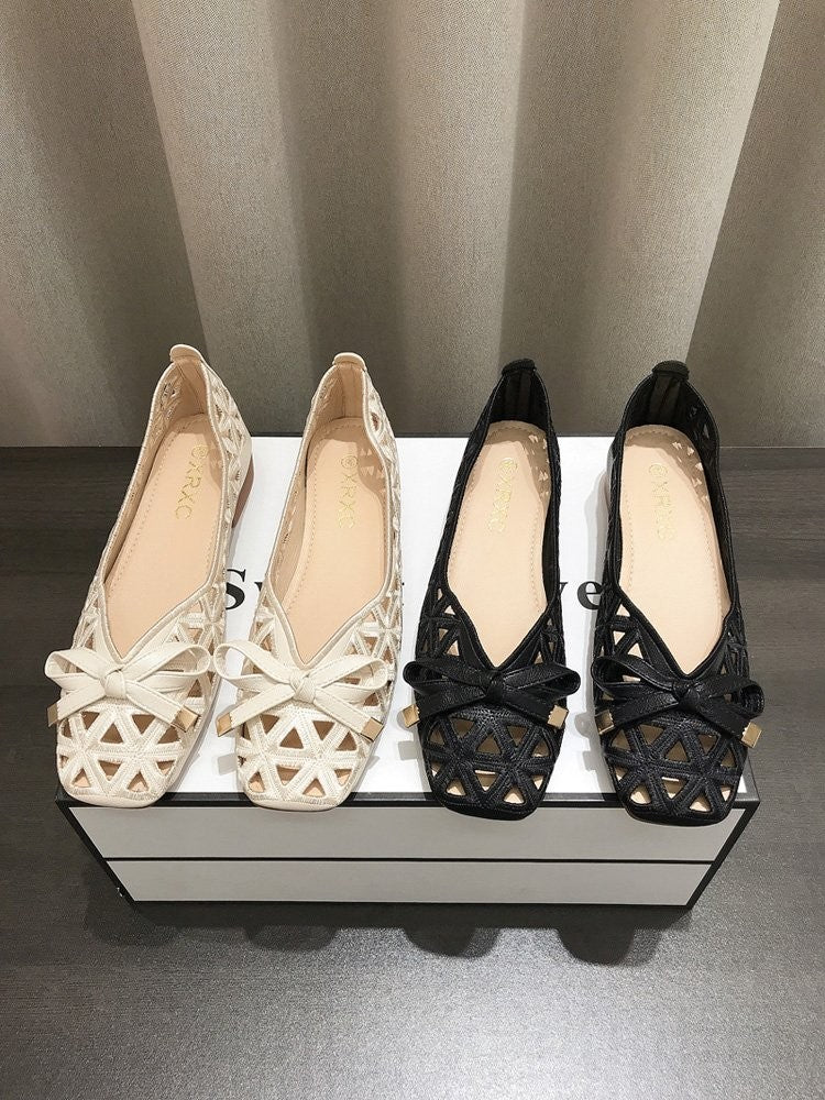 2025 New Fashion Women's Sweet Bow Mesh Flats - Hollow Out Grid Pointed