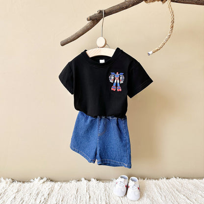 2025 Summer New Baby Clothes Infant Robot Embroidery Top+Bottom Set Baby Boys Girls Casual Baby Set Newborn Baby Clothes 2Pcs