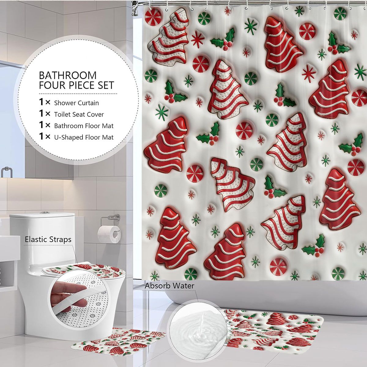 4pcs Christmas colored candy printed bathroom set 180x180 waterproof shower curtain, floor mat, toilet seat mat, U-shaped mat