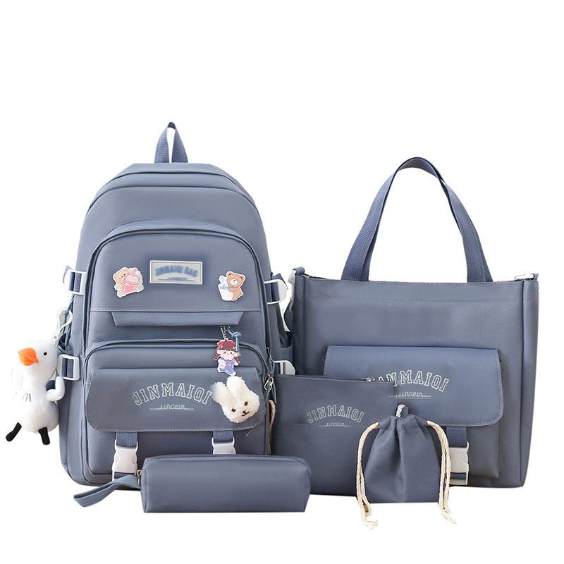 5-piece Set of Free Pendants Forest Style Korean Version Casual Harajuku Student Backpack for High School Girls Large Capacity