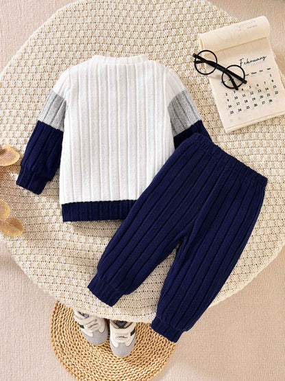 VISgogo 0-3 Years Boys Fall 2Pcs Clothes Sets Long Sleeve O Neck Patchwork Pullover Solid Color Pants