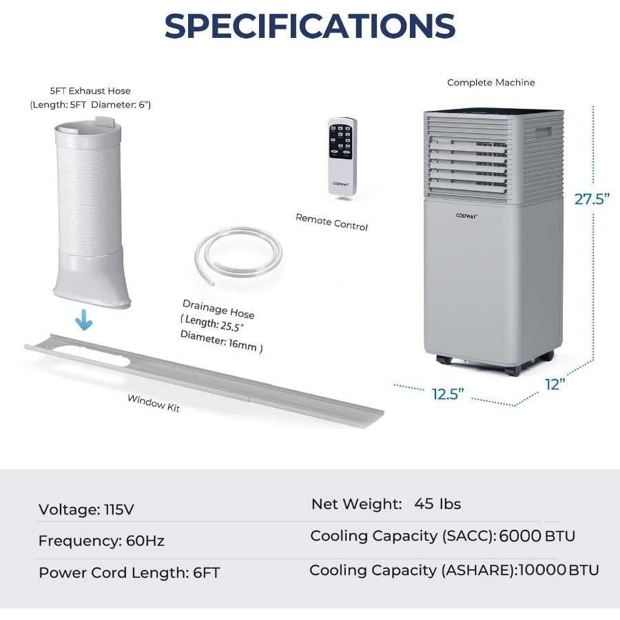 Ar Condicionado Portátil 10000BTU para Ambientes de até 32m² com Controle Remoto, Timer 24H, Kit de Ventilação para Janela, AC Multifuncional