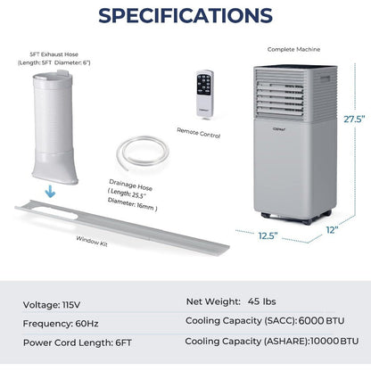 Ar Condicionado Portátil 10000BTU para Ambientes de até 32m² com Controle Remoto, Timer 24H, Kit de Ventilação para Janela, AC Multifuncional