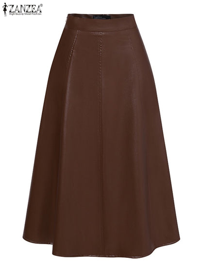 Plus Size 5XL ZANZEA Women PU Leather Midi Jupes Elegant Casual Autumn Loose High Waist Skirt Solid Skirt High Waisted Falda