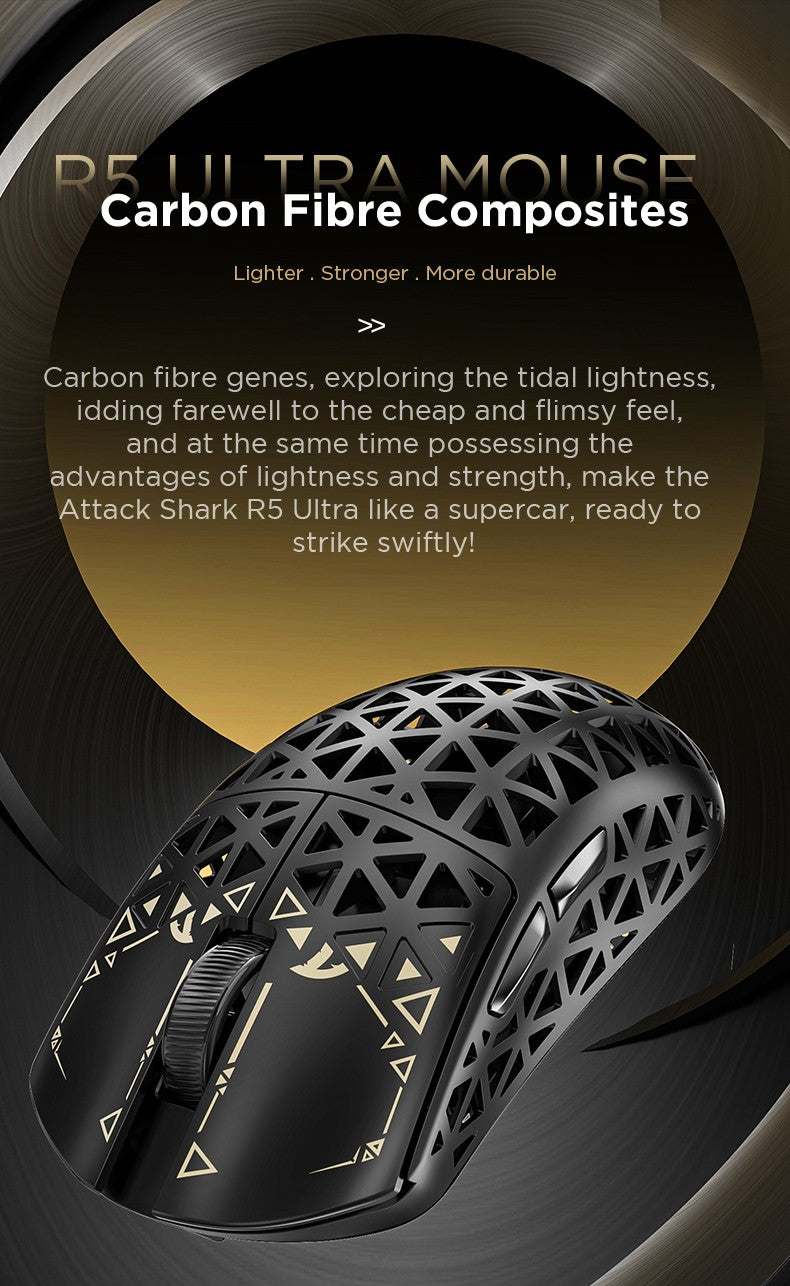 ATTACK SHARK R5 8K Wireless Gaming Mouse, 42K DPI -PAW3950 MAX Sensor -39g Ultra-Lightweight Carbon Fiber Hollowed-Out Design