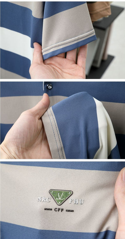 luxury wide stripe color blocked short sleeve polo shirt high-end brand letter embossed T-shirt fashion breathable men's wear