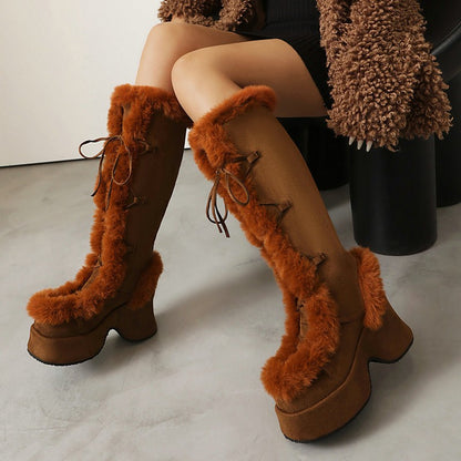8CM Chunk Heels Winter Warm Knee High Boots Women Snow Short Plush Platform Boots Faux Fur Cosplay Lace-up Long Shoes Size 34-43