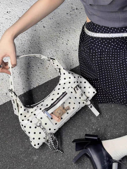 Retro oil wax leather crossbody bag, contrasting polka dot mini armpit bag, girls' shoulder bag