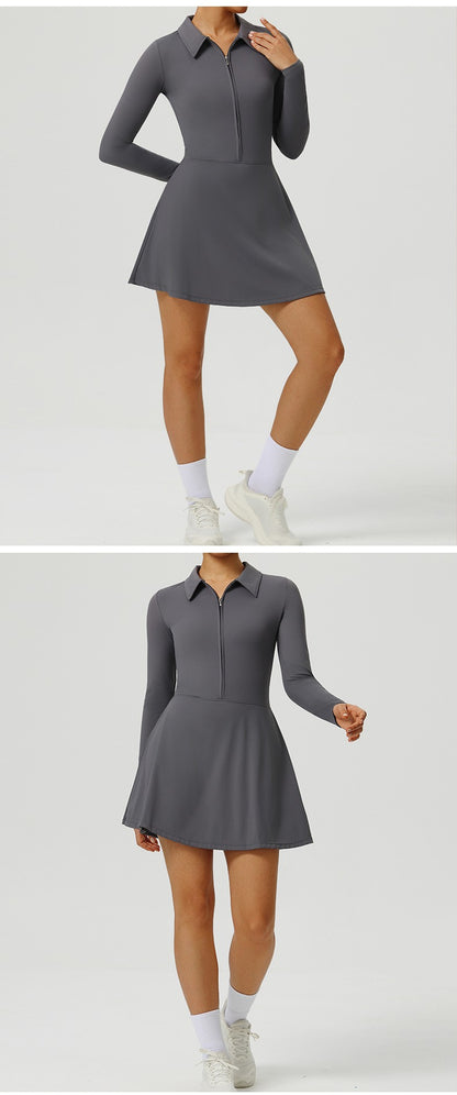 Yoga Long Sleeved Dress Women's Long Sleeved Zipper Skirt Breathable Gym Outdoor Running Yoga Tennis Skirt Quick-Dry Tracksuits.