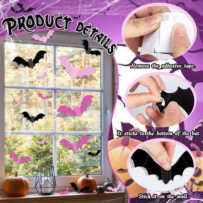 24/48pcs 3D Bat Wall Stickers Spooky PVC Bat Halloween Indoor Decorations Reusable Durable Bats Sticker Party Festival Supplies