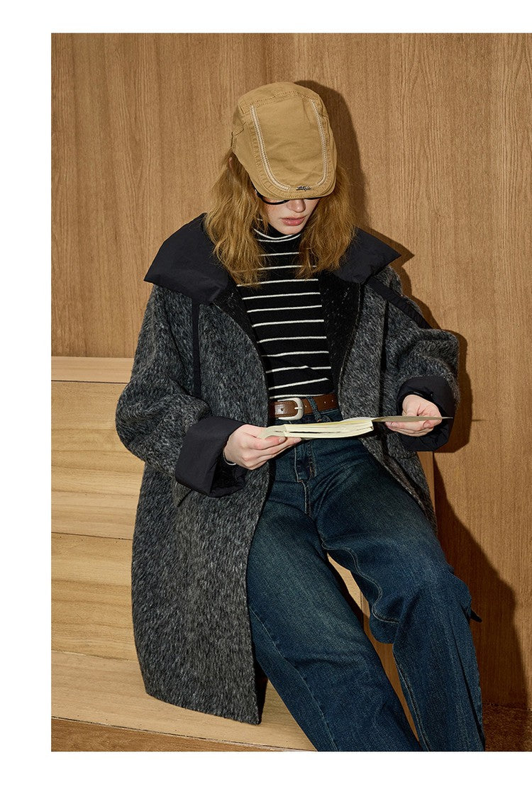 2025 Winter Women's Long Trench Coat Double Faced Wool Blend Parka Unique Patchwork Design Warm Down Filled Overcoat Outerwear