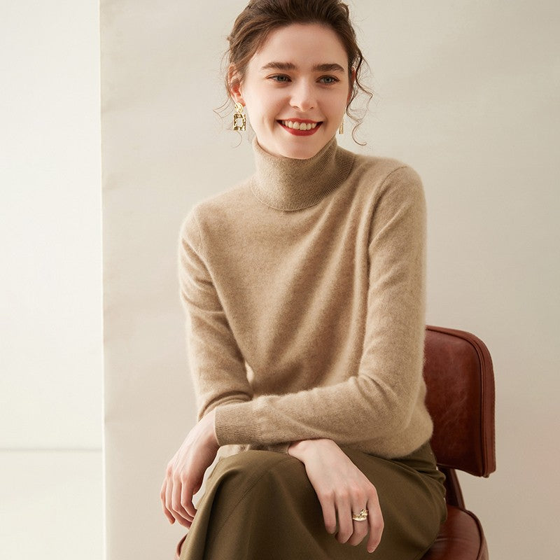 Suéter de Cashmere Feminino Gola Alta Manga Comprida Pulôver de Malha 100% Cashmere Puro Suéter Básico Versão Coreana Top Feminino