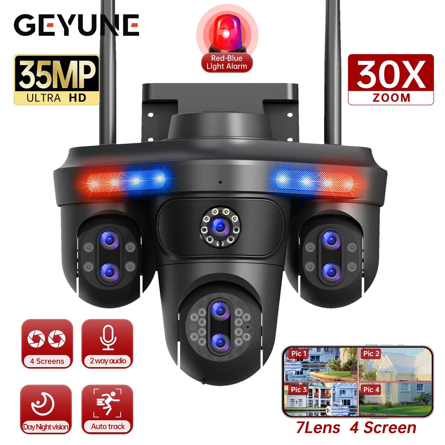 Câmera IP WiFi GEYUNE 35MP 4 Telas 7 Lentes Zoom 10X Câmera de Segurança PTZ Sem Fio Externa Câmera de Vigilância CCTV com Rastreamento Automático