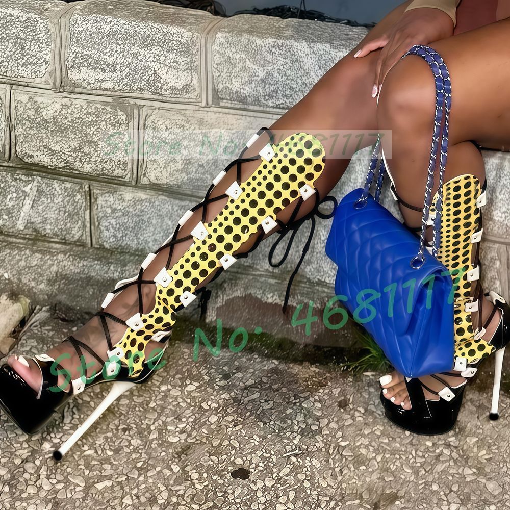 Strappy Polka Dot Platform Sandal Boots Women Sexy Party Cross Tied Mixed Colors Shoes Open Toe Women Summer Knee High Sandals