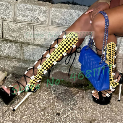 Strappy Polka Dot Platform Sandal Boots Women Sexy Party Cross Tied Mixed Colors Shoes Open Toe Women Summer Knee High Sandals