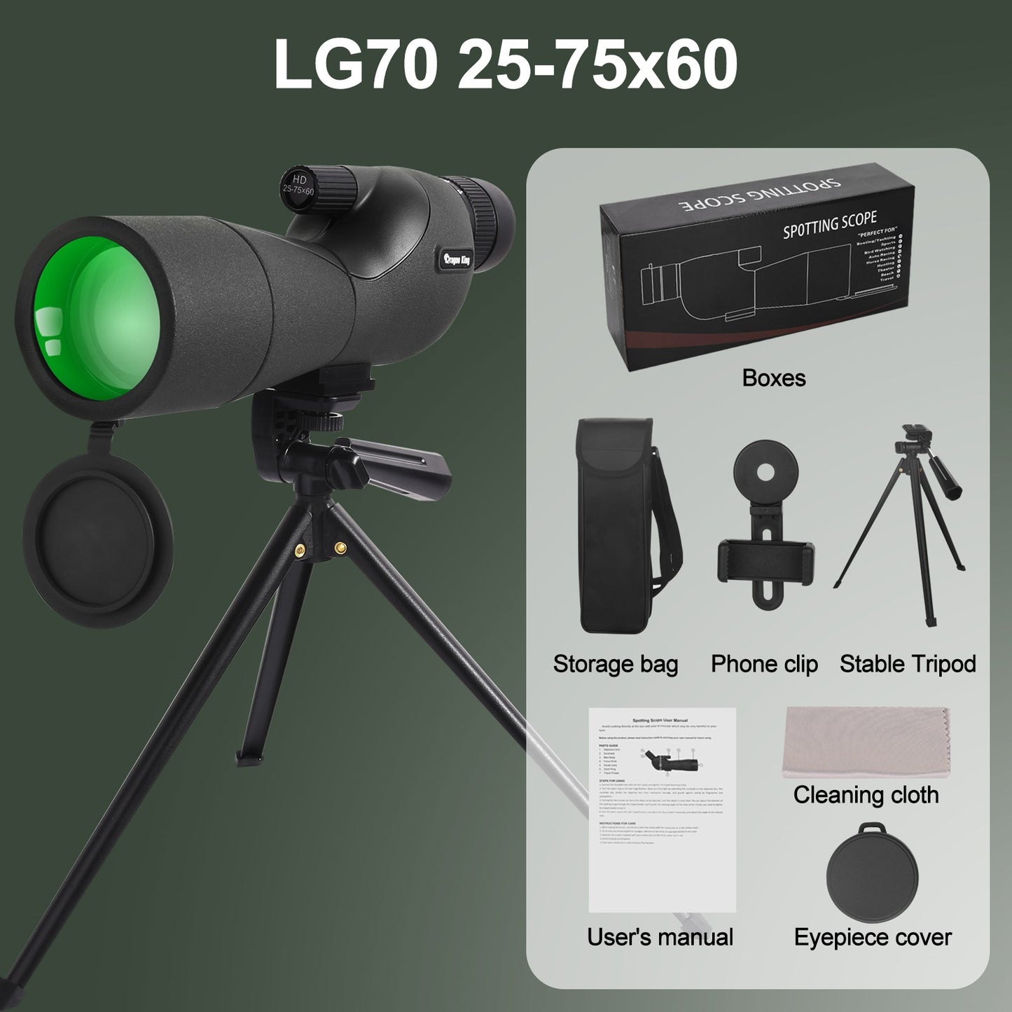Telescópio Monocular 25-75x60 com Zoom Potente, FMC BAK4, Impermeável, para Observação de Pássaros e Tiro ao Alvo com Tripé