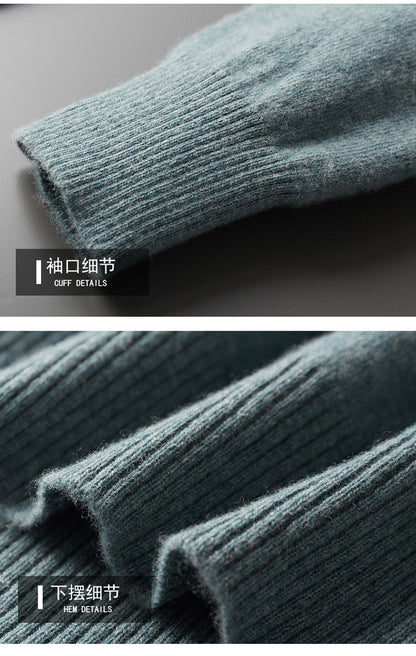 100%Merino Wool Lapel Sweater Men's Turtleneck Loose Knit Pullovers Youth Business Casual Joker Tops Warm Solid Color Base Shirt