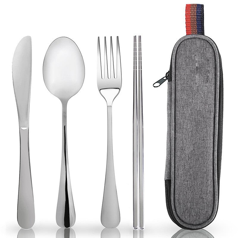 5Pcs Stainless Steel Dinnerware Set Tableware Spoon Fork Knife Chopsticks Kit with Storage Bag Kitchen Household Cutlery Set