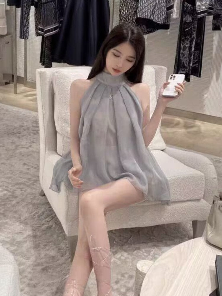 Blouses Women Sleeveless Solid Temperament Loose Tender Summer Casual Folds Design Thin Stand Collar Fashion Streetwear Ulzzang