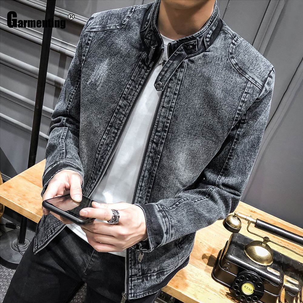 Garmenting Men Demin Jackets Trendy 2021 Autumn Winter Mandarin Collar Outerwear Zipper Up Demin Jacket Slim Fitted Male Clothes