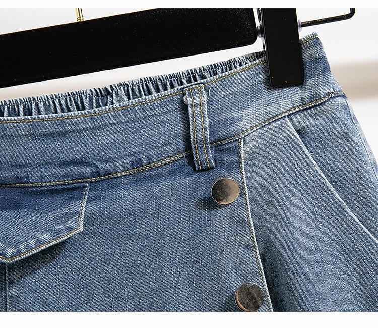 Plus Size Denim Skirt Women Autumn 2024 New High Elastic Waist Blue Color Jeans Skirts With Lining Korean Style Casual Skirt