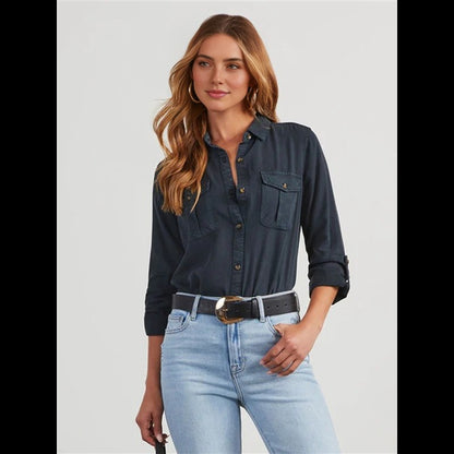 CGS-Women Double Pockets Spliced Decoration Denim Shirt Jacket Single-Breasted Lapel Casual Female Tops