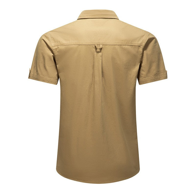 2025 New Summer Army Green Fashion Versatile Men's Casual Shirt, Khaki Slim Short-sleeved Breathable Cotton Cargo Shirts for Men