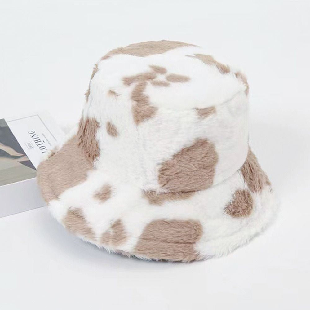 Winter Bucket Hat Women's Fashion Milk Cow Grain Panama Warm Hats Female Vintage Faux Fur Fisherman Cap Hats For Women Casual