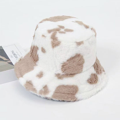 Winter Bucket Hat Women's Fashion Milk Cow Grain Panama Warm Hats Female Vintage Faux Fur Fisherman Cap Hats For Women Casual